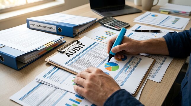 Professional auditor reviewing financial reports and charts with a marker, business audit concept