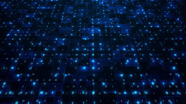 Futuristic matrix glowing numbers, square cells digital pathways data landscape. machine learning, big data, programming, server system, encryption, computing, science, finance digital transformation.
