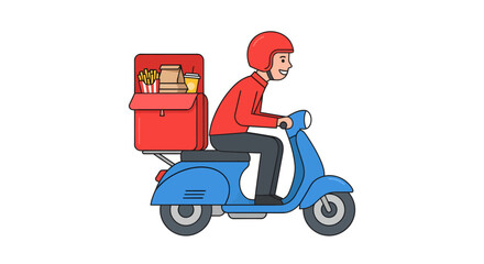 Fototapeta premium Food delivery courier riding a blue scooter with an open red thermal box showing fast food orders for online shipping service concept vector illustration
