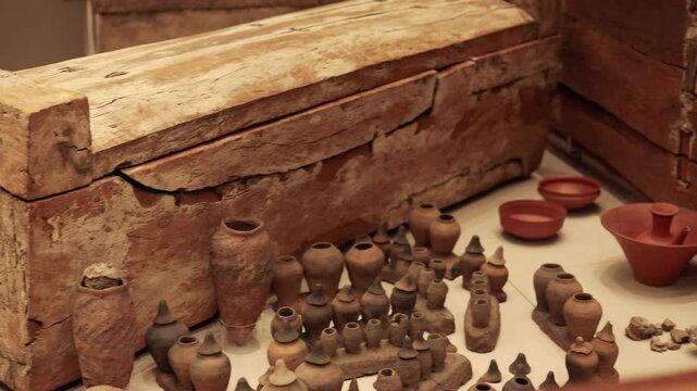 Ancient wooden coffin and burial artifacts displayed in museum.