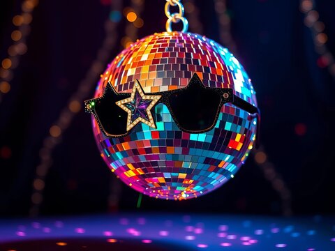 Glittering disco ball spins with star-shaped sunglasses, colorful, twirling