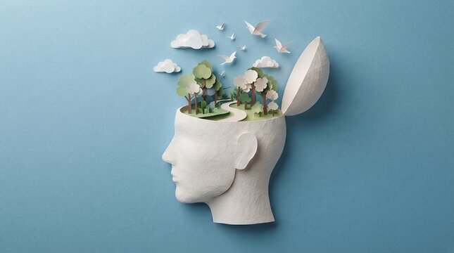 Open Human Head Profile with Paper Cut Forest Landscape Mental Health Concept