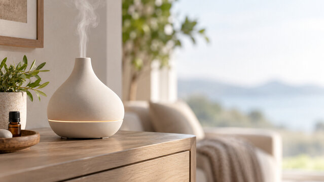 Serene Pebble Diffuser with Mist in a Calm Interior