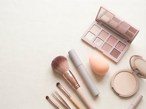 Professional makeup artist tools arranged on neutral background for beauty tutorial setup. pink makeup tutorials