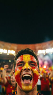 Emotional football fan with painted face celebrating victory at stadium