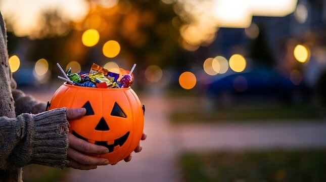 Child holding a plastic pumpkin bucket filled with candy during a fun halloween trick treat