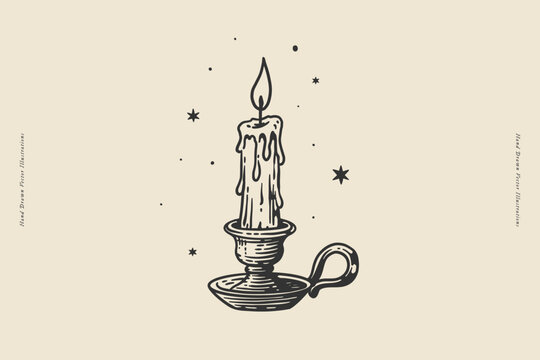 Burning candle with melting wax in a vintage candlestick surrounded by stars. Hand-drawn engraving style illustration for posters, prints, packaging, branding, and mystical designs.