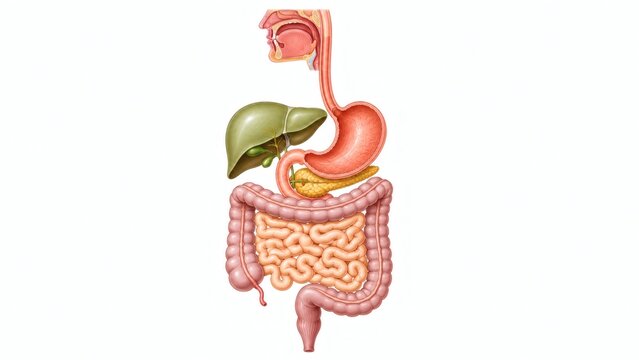 Detailed medical illustration of the human digestive system on a clean white background design