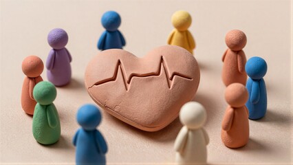 Obraz premium Clay figures surround a heart with heartbeat pattern, symbolizing care and connection.