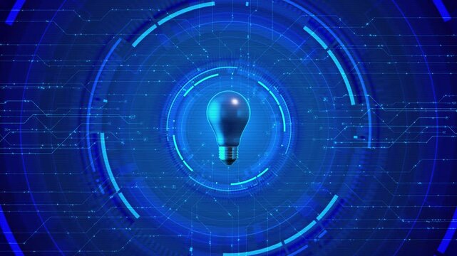 Technology interface luminous bulb electronic connections rotating circular invention, problem solving, smart energy, digital transformation, business strategy, science communication future innovation