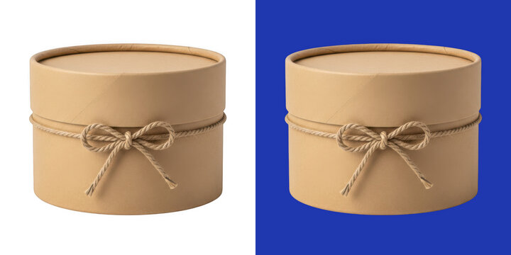 Round cardboard gift box with a rustic hemp string bow tie transparent png