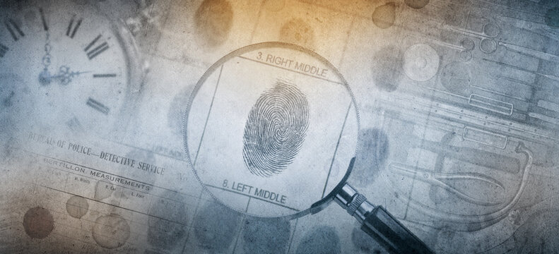 Magnifier, fingerprint, blood drops, poison, medical instrument, skeleton, police form.  Background on the theme of crime, police, detective, investigation, consequent; inquiry; inquest. 