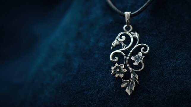 sinuous. Art Nouveau style silver pendant necklace with flowing vines and floral motifs. event programs, museum guides, designed for cultural heritage projects and event programs, supports education.