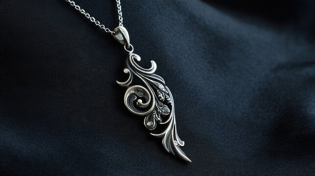 sinuous. Art Nouveau style silver pendant necklace with flowing vines and floral motifs. event programs, museum guides, designed for cultural heritage projects and event programs, supports education.
