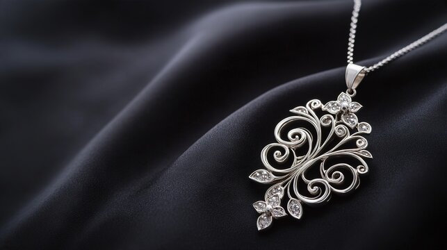 sinuous. Art Nouveau style silver pendant necklace with flowing vines and floral motifs. event programs, museum guides, designed for cultural heritage projects and event programs, supports education.