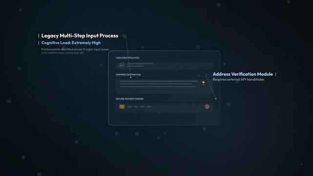 Animation of a legacy multi-step checkout process transforming into a streamlined one-click secure payment ecosystem using biometric fingerprint authentication and data encryption