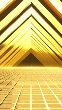 Radiant golden triangle tunnel grid floor particles central copy space. premium stage background for product displays, award ceremonies, luxury advertising, festive events, logo reveals grand openings