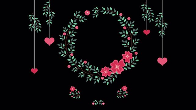 Animated floral wreath with hanging hearts on black background.