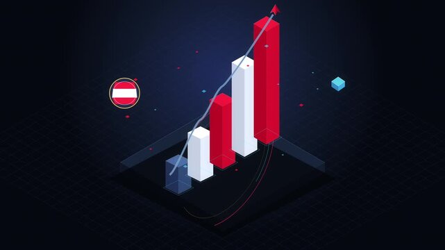 Pixelated bar chart showing upward growth with a red arrow and the Austrian flag, indicating financial progress and economic success