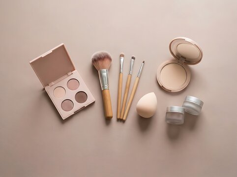 Professional makeup artist tools arranged for beauty tutorial demonstration on neutral background. pink makeup tutorials