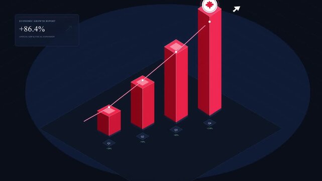 Increasing red bar chart rising graph animation with diagonal arrow, dark background, perfect for financial success