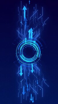 Circular HUD interface sends arrows electronic circuit lines deep blue background. data transfer, network routing, cloud services, secure communication, software systems futuristic technology footage.