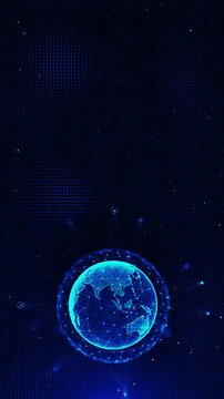Connected digital Earth glows network nodes geometric links blue particle field. global communication, business, internet services, cloud computing, data sharing and future technology presentations.