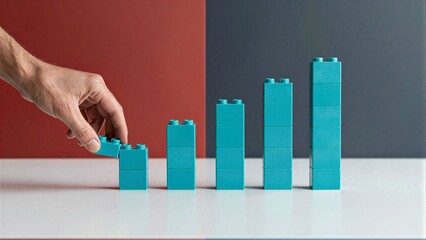 Fototapeta premium Hand places blue blocks, forming a growing bar graph against red and gray background.