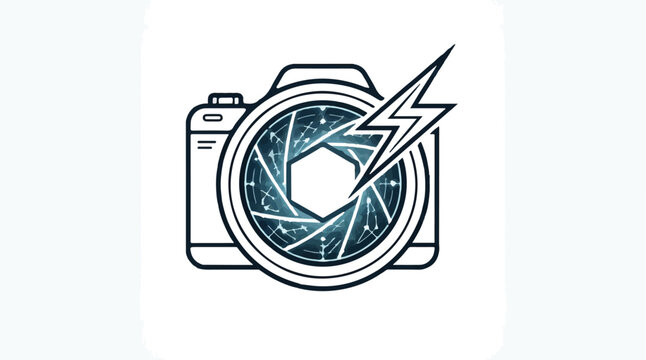 Vintage camera illustration with a lightning bolt inside the lens opening