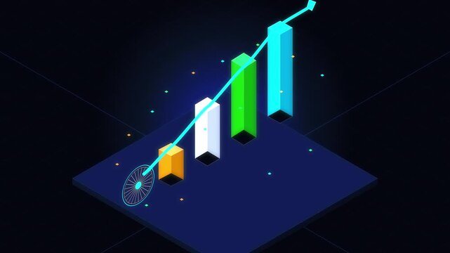 Pixel art bar chart animation showing upward growth and success with a glowing blue arrow on a dark digital background