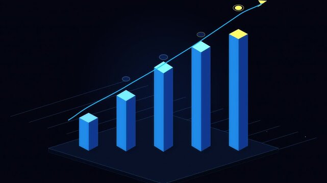 Growing bar chart animation with rising trend line, financial success, business growth, data analysis, positive progress