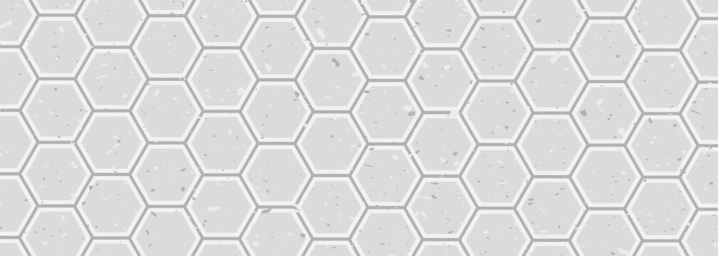 Light hexagon ceramic tiles for kitchen backsplash, bathroom wall, toilet floor, sidewalk, pool surface. Hexagonal marble granite background. Hex tile terrazzo texture gray of stone.