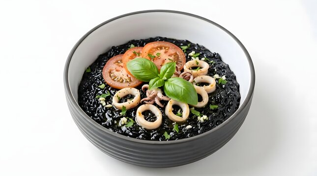 Black squid ink risotto topped with calamari rings, cherry tomatoes, and fresh basil in a ceramic bowl.