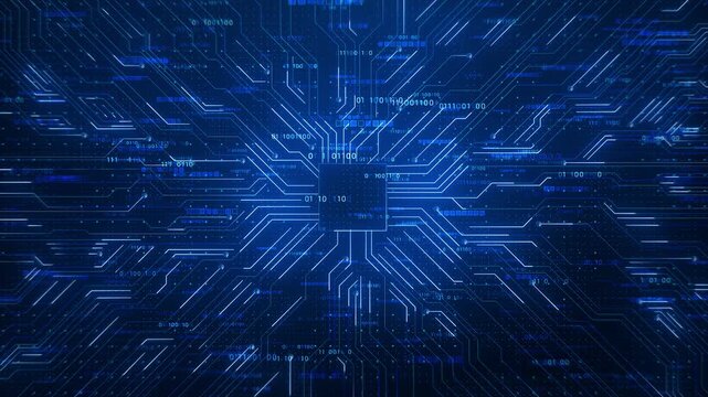 Futuristic processor network expands luminous pathways digital code blue board. technology algorithms, cloud systems, automation, analytics, databases, information security programming innovation film