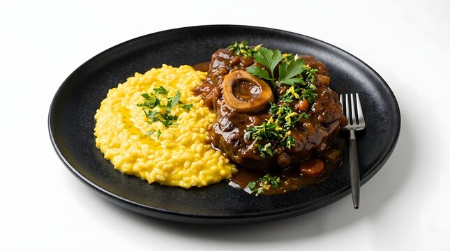 Braised osso buco served with creamy saffron risotto and fresh herb gremolata on a black plate.