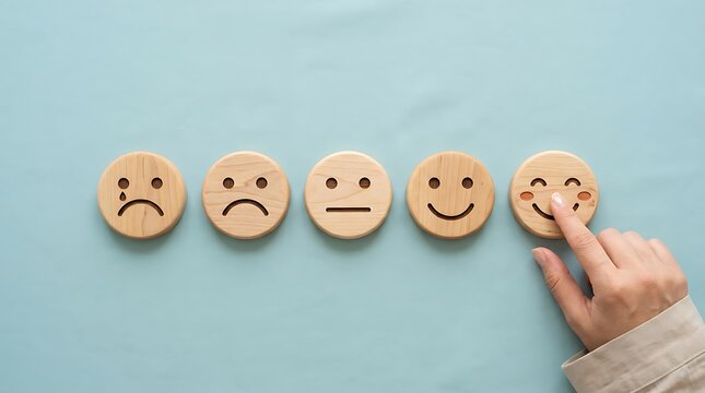 Person Selecting Wooden Emotion Face Rating Buttons On Light Blue Wall