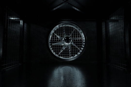 3d rendering of an industrial hall with ventilation system and metal mesh
