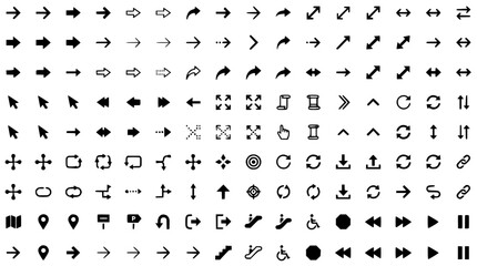 Fototapeta premium Comprehensive collection of various black arrow icons and set with simple line art design featuring outline, illustration, graphic elements with clean design and vector art