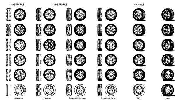 Flat vector illustration of a collection of car tire and whe set with simple line art design featuring line art, illustrations, graphic resources with vector and design elements