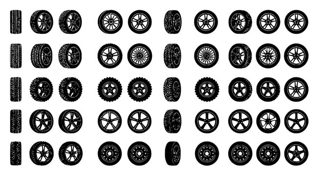Flat vector illustration of a collection of car tire and whe set with simple line art design featuring simple design, minimalist, black and white with illustrations and graphics