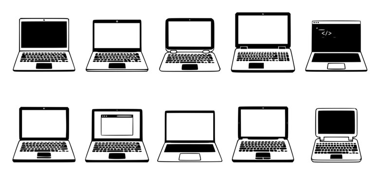 Set of ten diverse laptop computer icons arranged in two set with simple line art design featuring sketches, drawings, vector graphics with minimalist and simple illustrations