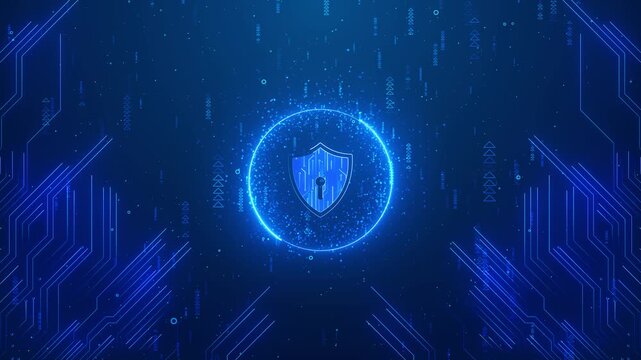 Futuristic security emblem pulses electronic interface particles and data indicators. internet safety, firewall services, identity protection, authentication, risk management, cloud security corporate