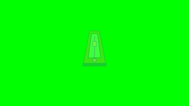 A mechanical metronome assembles and its weighted pendulum swings from side to side. Isolated on a pure green chroma key background.