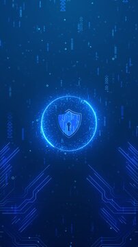 Glowing shield keyhole inside digital protection ring circuit lines upward arrows. cybersecurity, network defense, privacy, secure access, encryption, data protection, banking technology presentations