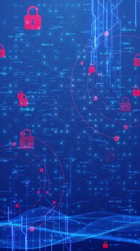 Red lock float blue binary field glowing particles, circuit flowing data waves. cybersecurity, encryption, privacy, secure networks, password protection, online banking, digital threats technology