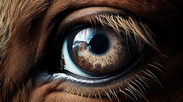 Close up shot of brown horse eye with detailed eyelashes and reflections.