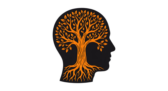 Concept of mental health and self-growth with a human head silhouette containing an orange tree with roots