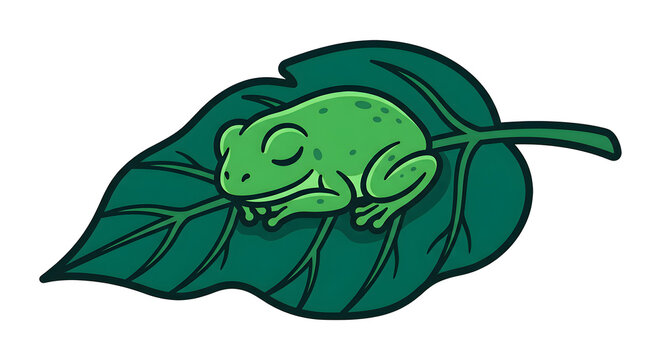 Cute sleeping frog on a green leaf illustration