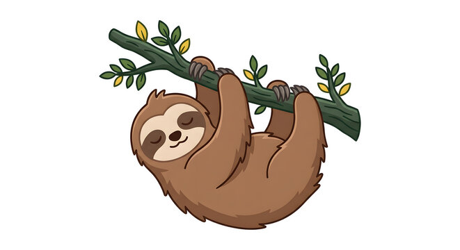 Cute cartoon sloth sleeping while hanging from a tree branch
