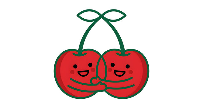 Cute cartoon red cherry characters hugging each other with smiling faces